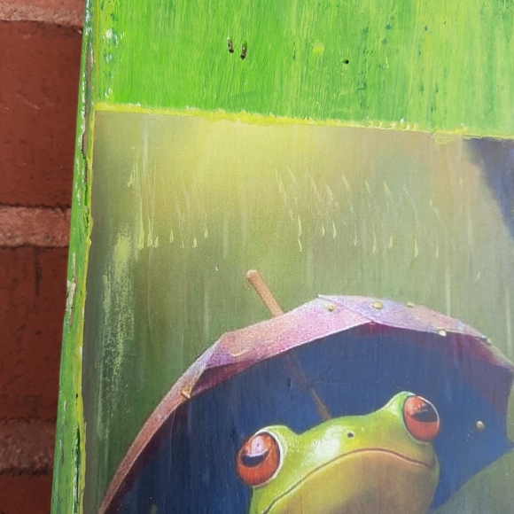 * SALE / Hand Crafted /  Cute frog under an umbrella, Mixmedia art / Home decor - Picture 6 of 11